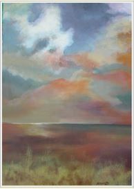 A painting of a sunset over a body of water.