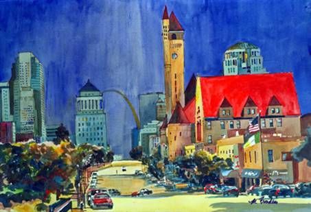 A painting of a city with a red building in the foreground