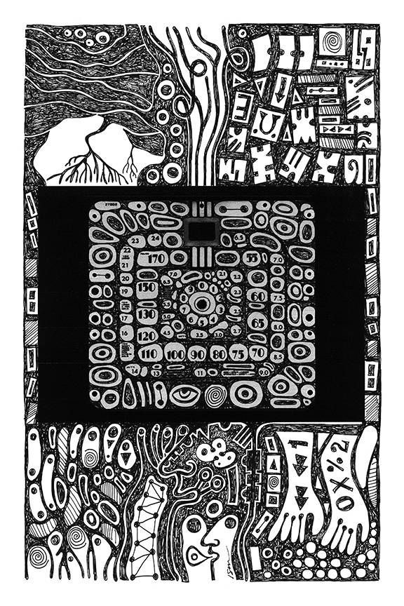 A black and white drawing of a person 's hands and feet on a white background.