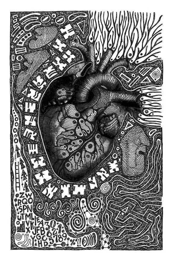 A black and white drawing of a heart with a pattern on it.