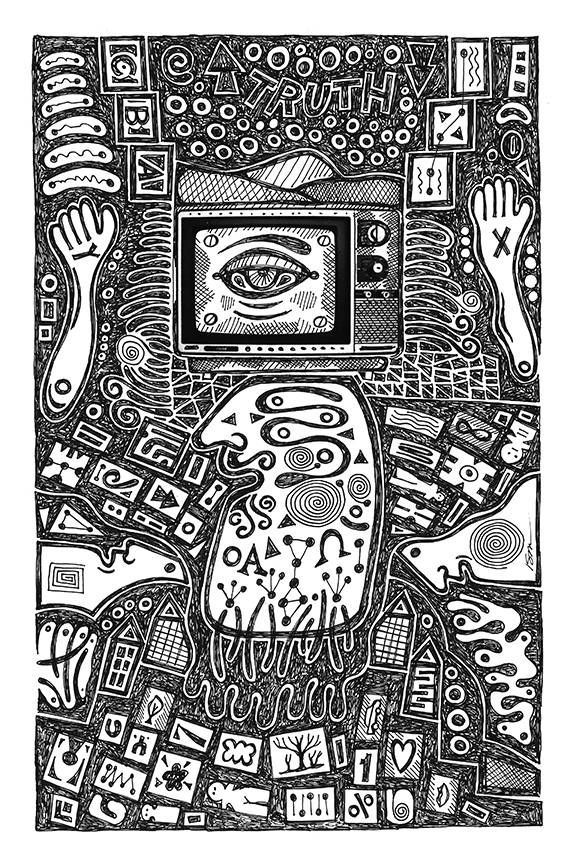 A black and white drawing of a bird sitting in front of a television.