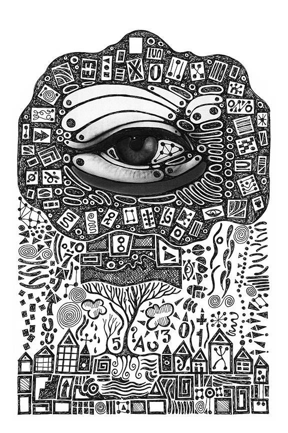 A black and white drawing of an eye surrounded by various objects.