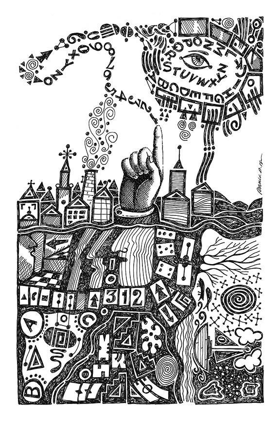 A black and white drawing of a person with a city in the background.
