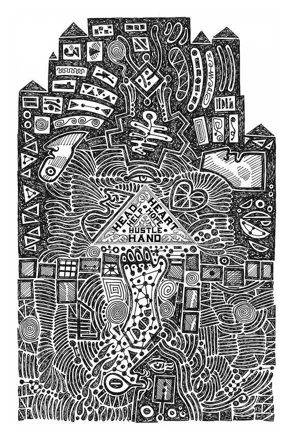 A black and white drawing of a hand with a leopard on it.