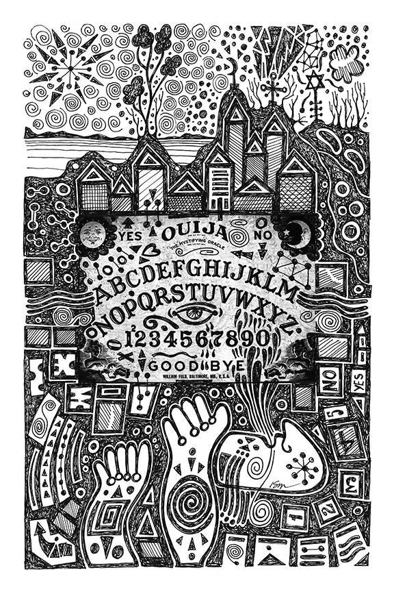 A black and white drawing of a ouija board with houses in the background.