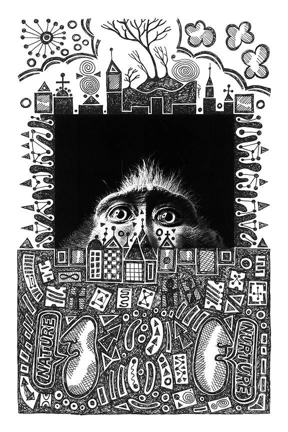 A black and white drawing of an owl with a city in the background.