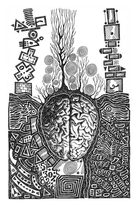 A black and white drawing of a brain with a tree growing out of it.