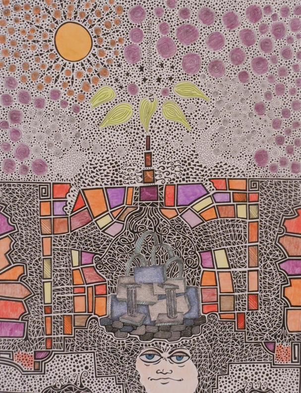 A drawing of a woman with a stained glass window in the background