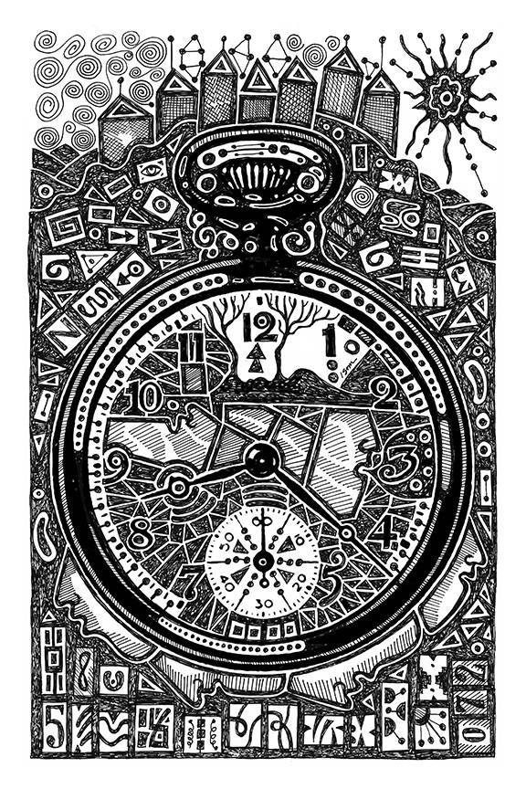 A black and white drawing of a clock with a lot of numbers on it.