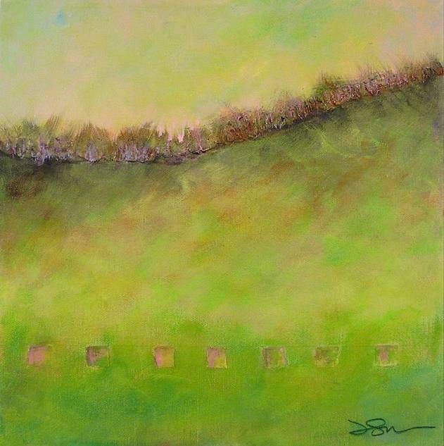 A painting of a grassy hillside with a fence in the background.