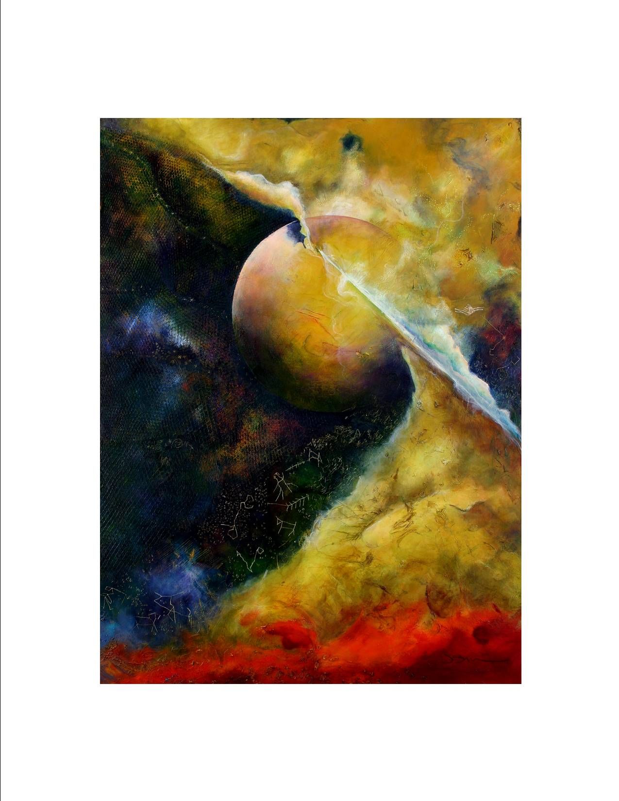 A painting of a planet in the middle of a galaxy