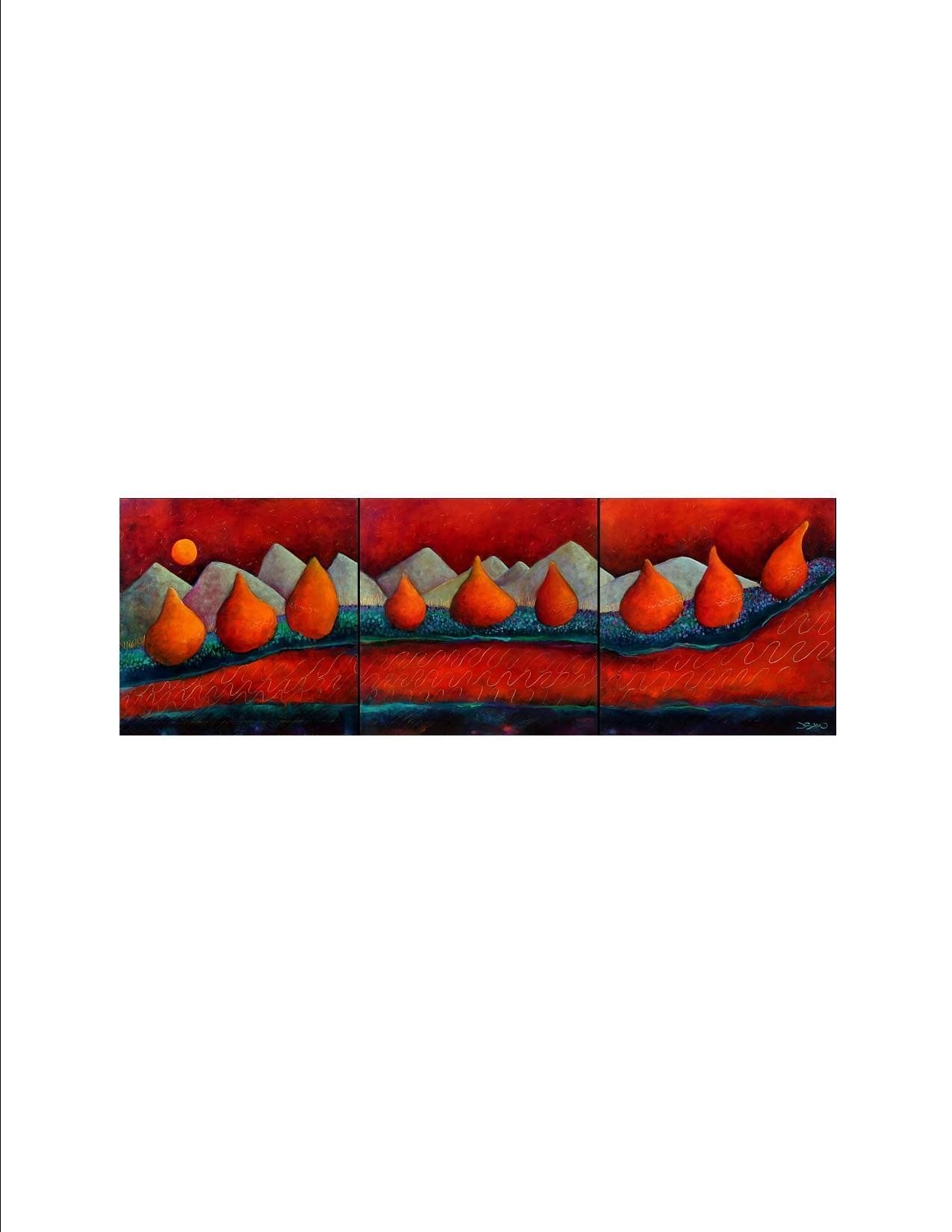 A painting of a row of orange pears on a red background.