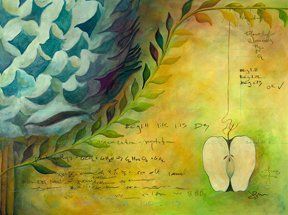 A painting of a flower and an apple on a green and yellow background.