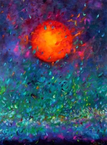 It is a painting of the sun shining through the clouds.