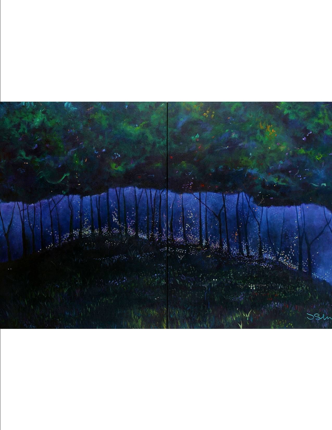 It is a painting of a forest at night with trees glowing in the dark.