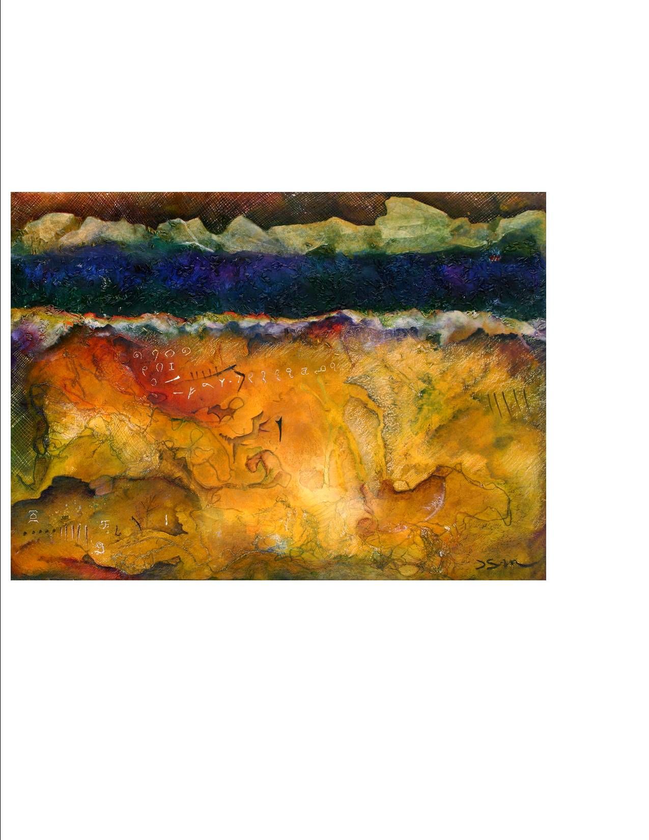 A colorful painting of a landscape with mountains in the background