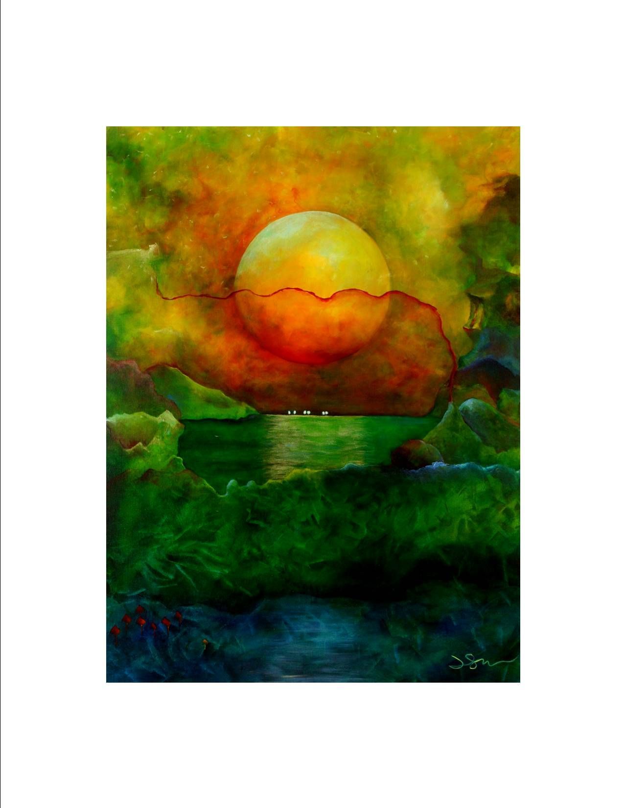 It is a painting of a sunset over a body of water.