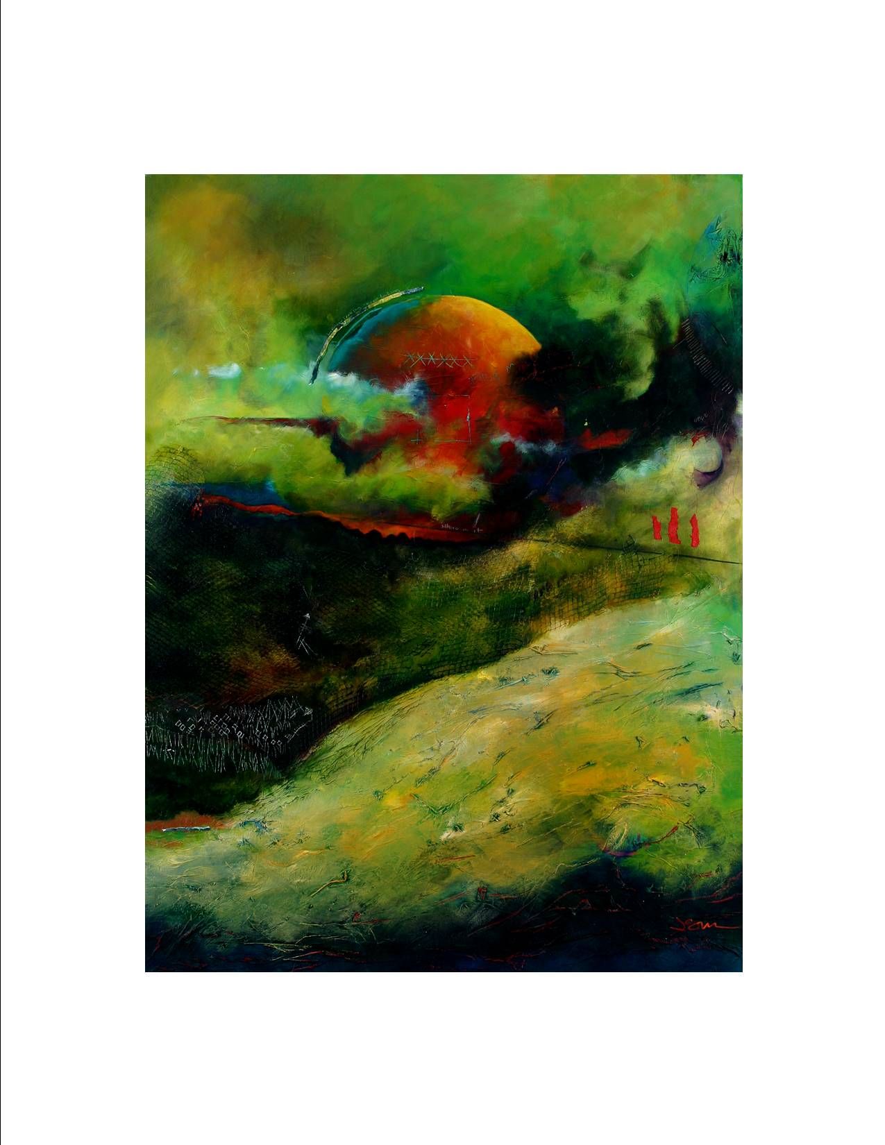 It is a painting of a person riding a horse on a hill.