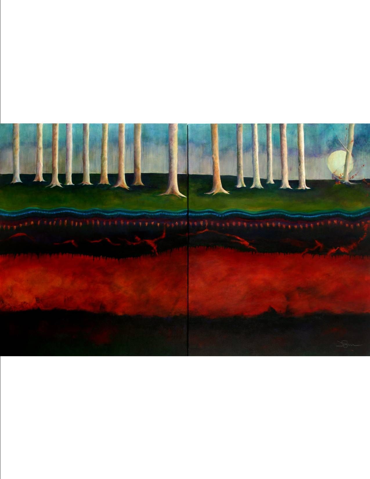 A painting of a forest with trees and a moon in the background