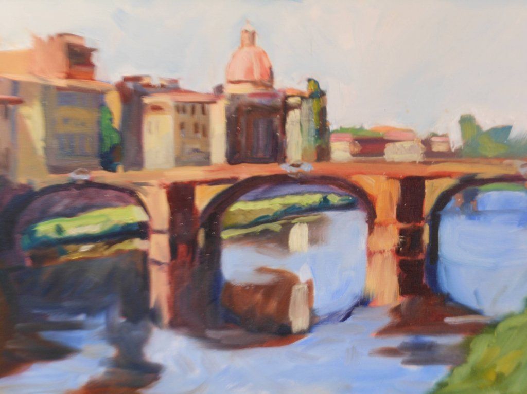 A painting of a bridge over a river with buildings in the background.
