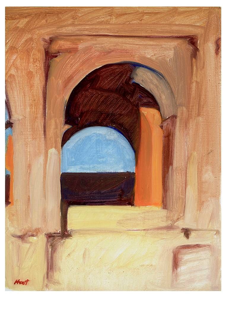 A painting of an archway with a blue circle in the middle