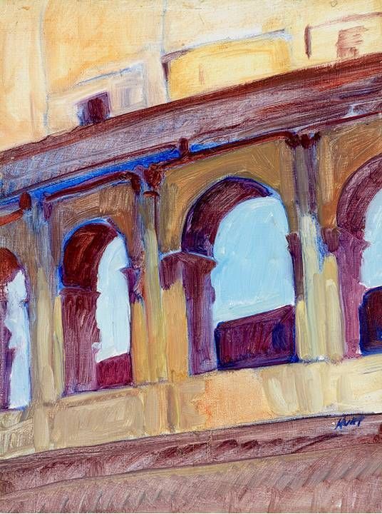 A painting of a building with arches and windows.
