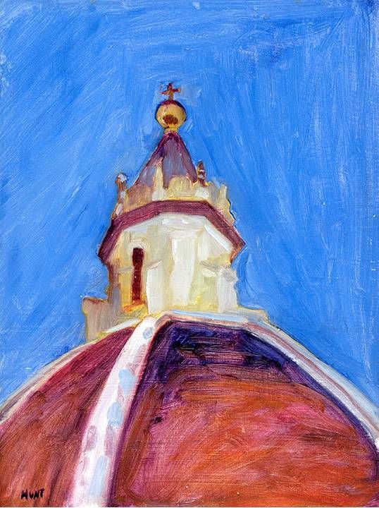 A painting of a church tower on top of a hill.