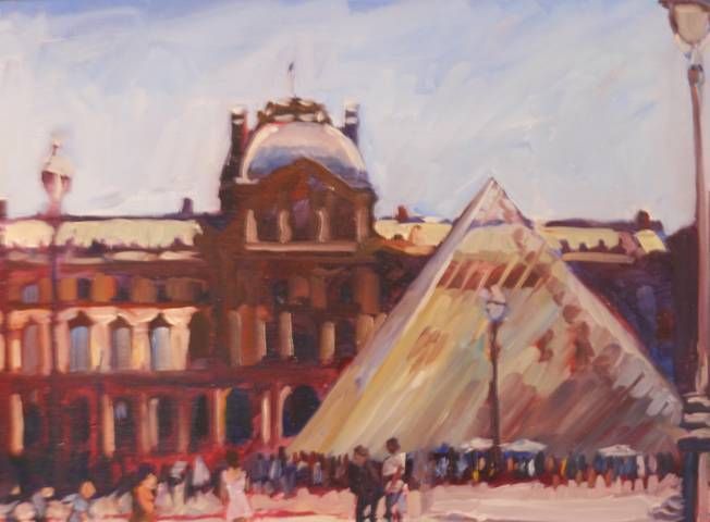 A painting of a pyramid in front of a building