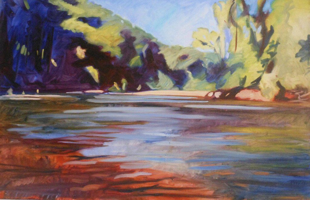 It is a painting of a river with trees in the background.