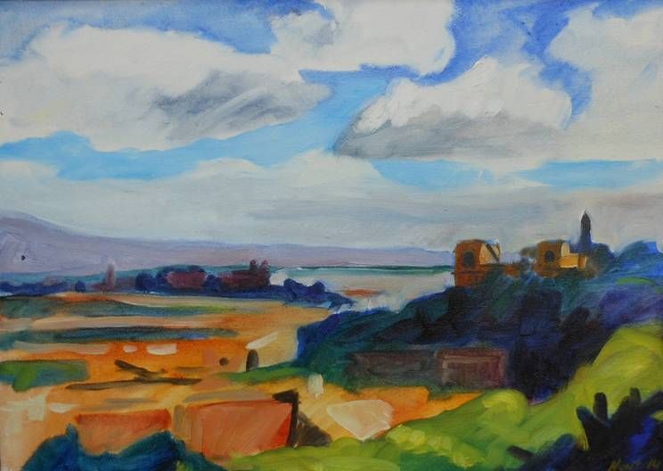 A painting of a landscape with a blue sky and clouds