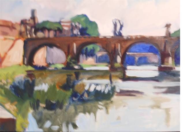 A painting of a bridge over a body of water