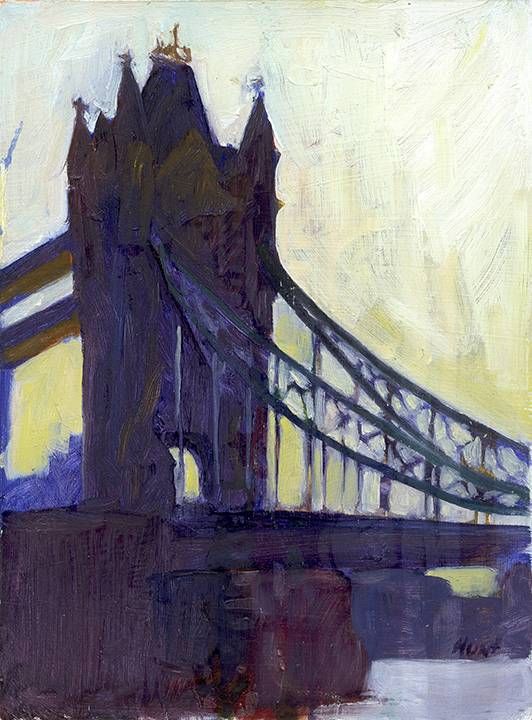 A painting of a bridge over a body of water.