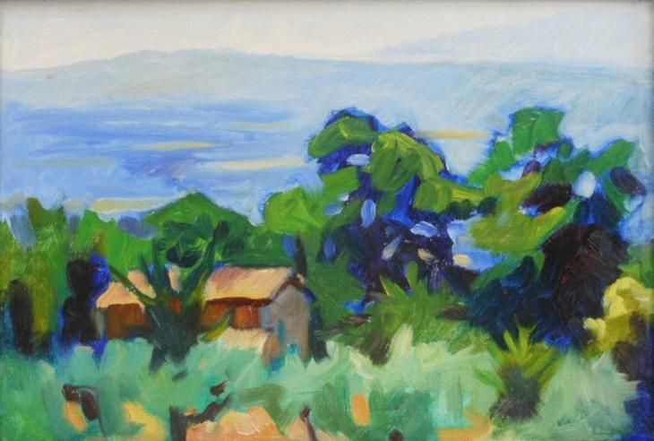 A painting of a house in the middle of a field with trees and mountains in the background.