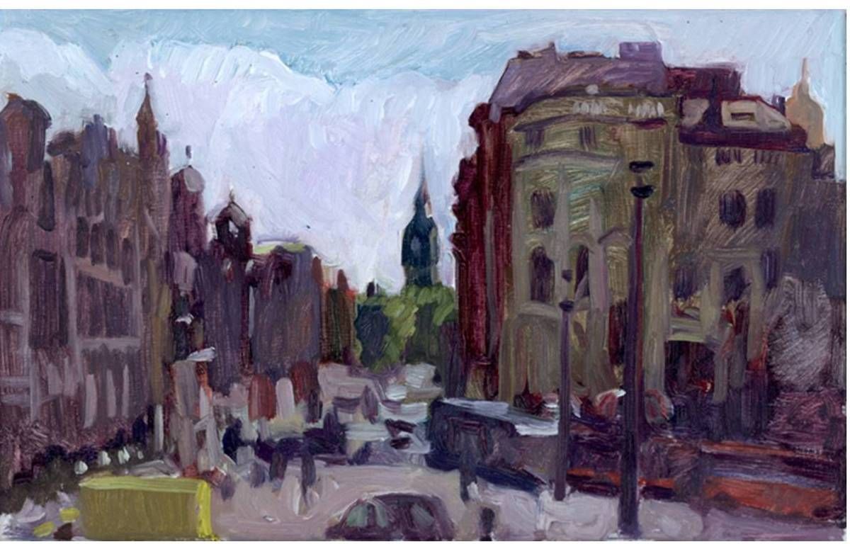 A painting of a city street with a clock tower in the background.