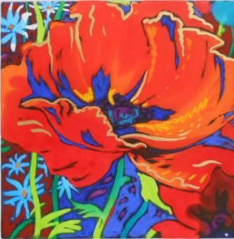 A colorful painting of a red flower with blue flowers in the background