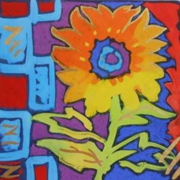 A painting of a sunflower on a colorful background