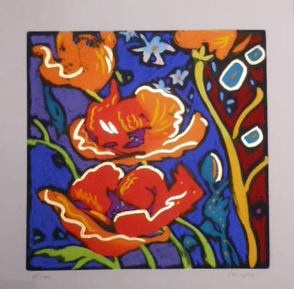 A painting of red flowers on a blue background