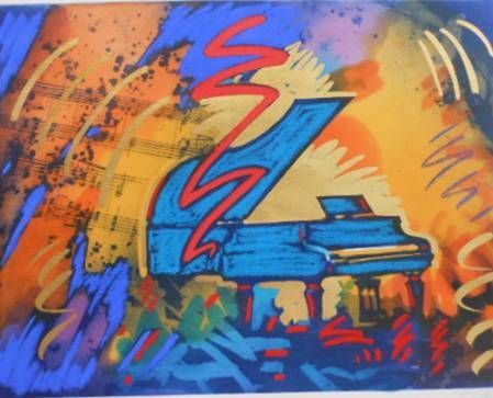 A colorful painting of a blue grand piano