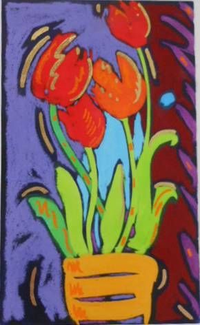 A colorful painting of flowers in a yellow pot