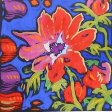 A painting of a colorful red flower on a blue background