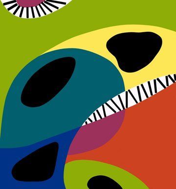 A close up of a colorful painting with a zebra print on a green background.