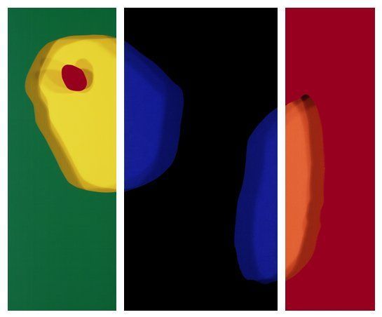 A yellow object with a red spot on it is surrounded by four different colored objects.