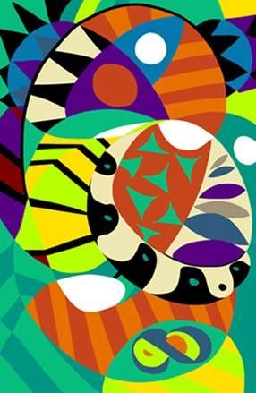 A colorful painting with circles and triangles on a green background