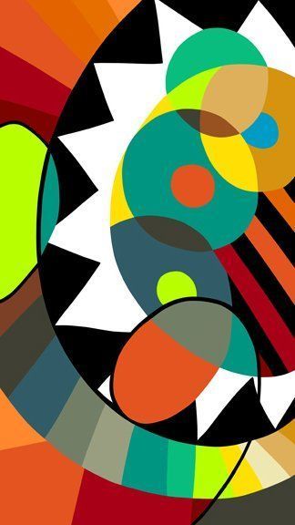 A colorful abstract painting with circles and triangles on a black background