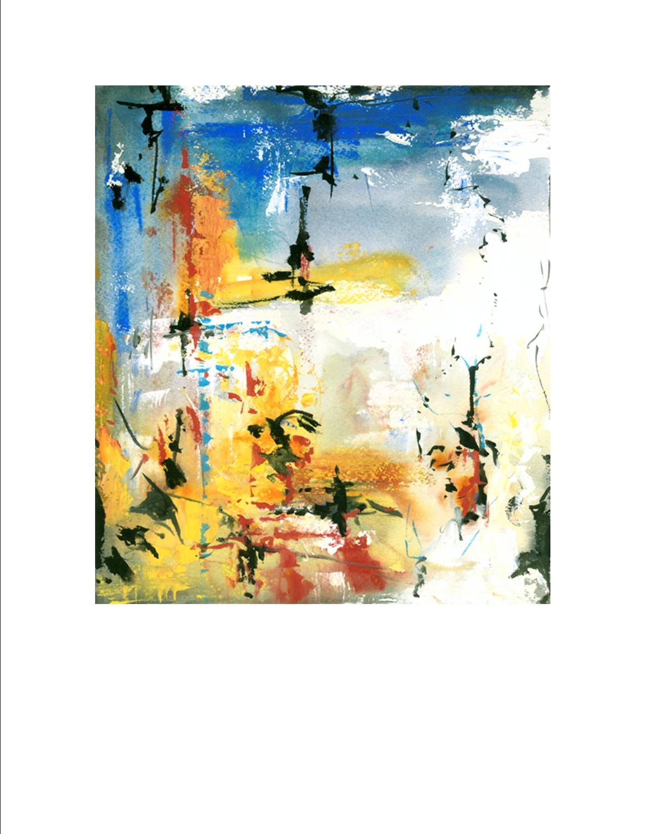 A colorful painting with a blue sky in the background on a white background.