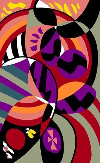 A colorful painting with a purple circle in the middle