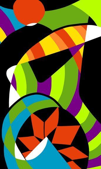 A colorful abstract painting with a black background
