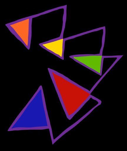 A group of colorful triangles on a black background.