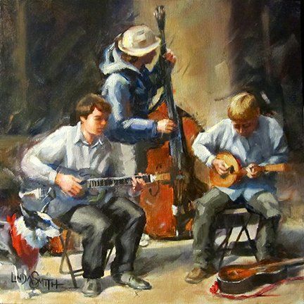 A painting of three men playing musical instruments