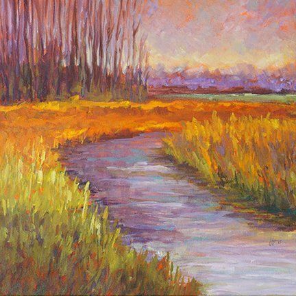 A painting of a stream running through a field with trees in the background.